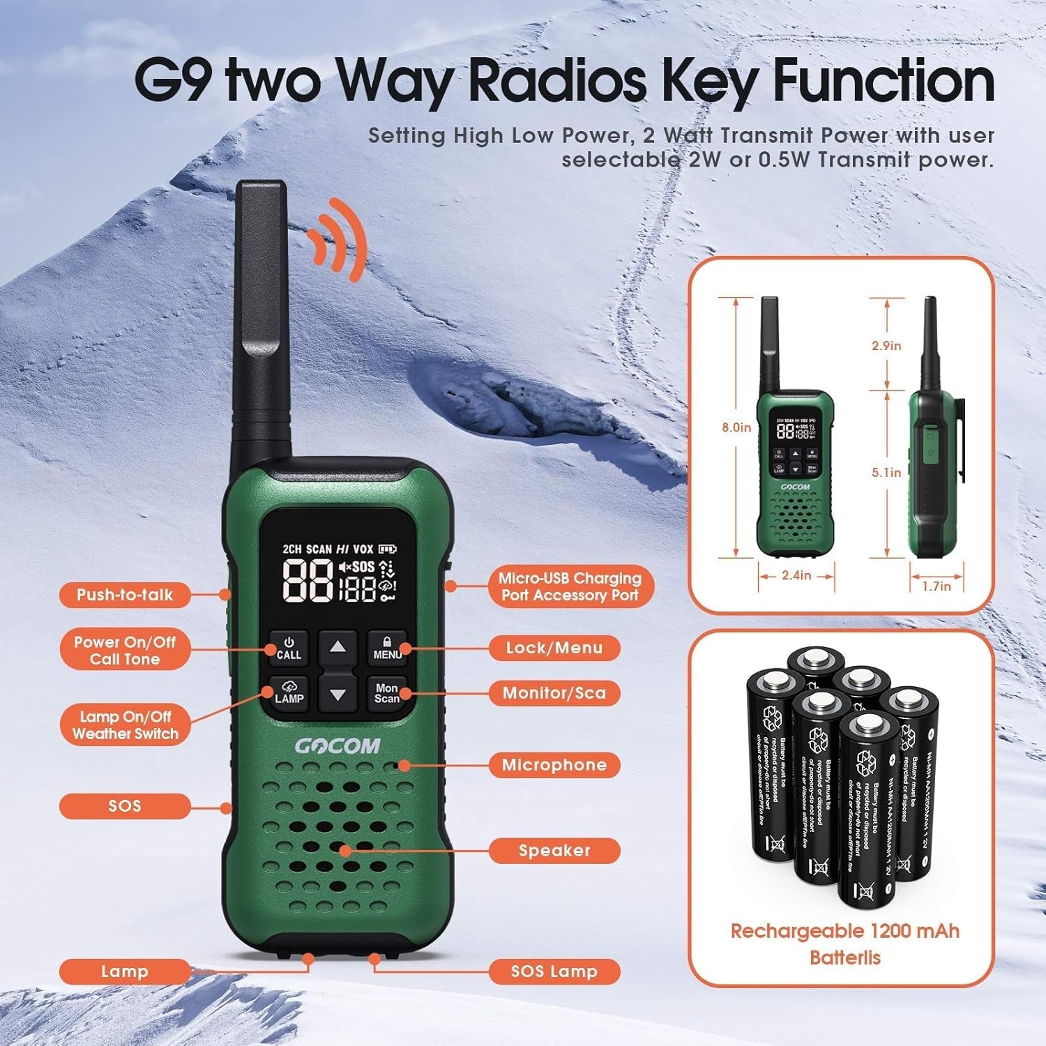 G9 IP67 Waterproof Two Way Radios with NOAA Weather Alert, SOS Emergency Lamp, Long Range, and Rechargeable Batteries - 6 Pack