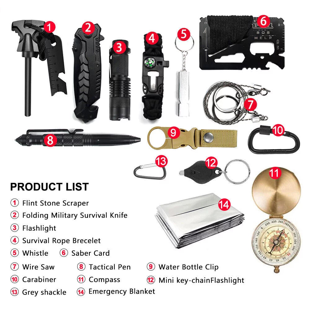 Outdoor Survival Gear Kit- 14-in-1 Emergency Gear for Hiking, Camping- Ideal Gifts for Men and Women