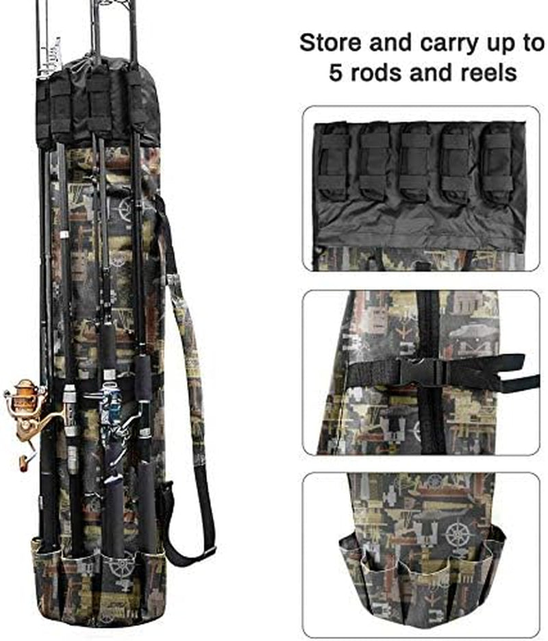 Canvas Fishing Rod and Reel Organizer Travel Carry Case - Holds 5 Poles and Tackle