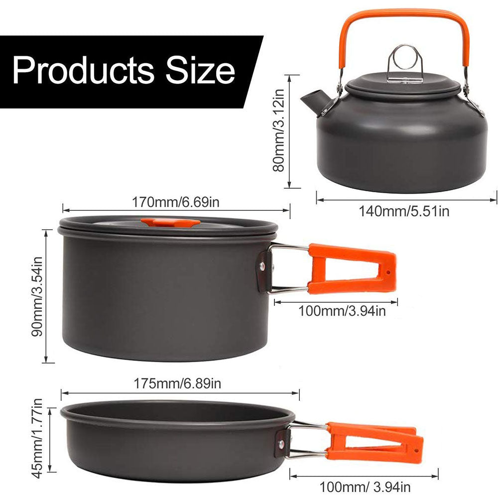Outdoor Camping Cookware Set with Aluminum Cooking Utensils and Water Kettle - Ideal for Travelling, Hiking, Picnics, BBQs, and Outdoor Dining