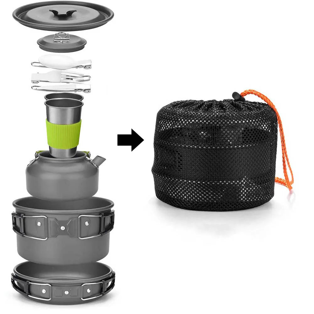 Outdoor Camping Cookware Set with Pot, Cup, Tableware, Water Kettle, Pan, Cutlery Utensils - Ideal for Hiking, Picnics, and Travel