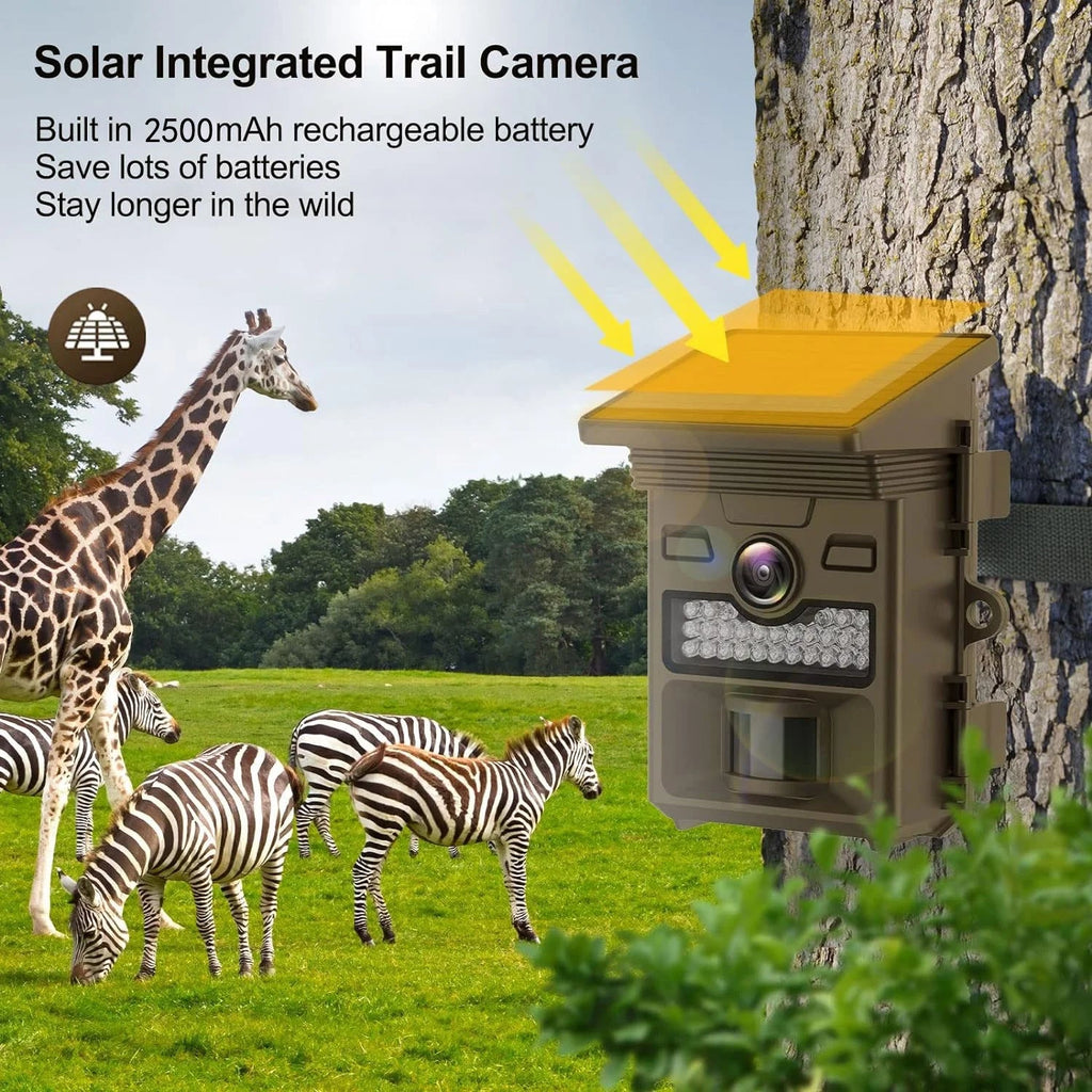 48MP 4K Solar Trail Camera with Night Vision, Motion Activation, and Waterproof Design for Hunting Game
