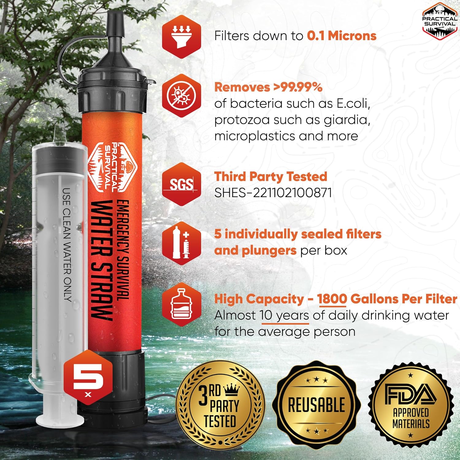 5 High-Capacity Emergency Water Straws – Lightweight, Reusable, 1800-Gallon Filters for Camping, Hiking, Travel, Biking, Survival, and Emergency Preparedness - No Expiration Date - Practical Survival