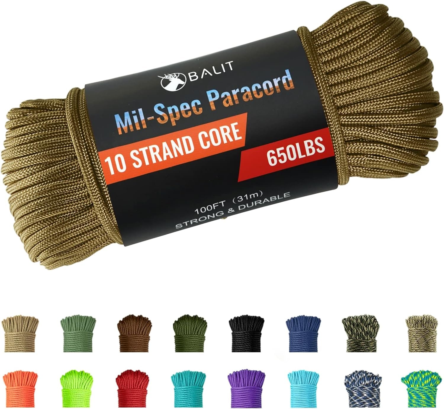 Mil-Spec 650 Paracord with 10-Strand Core Nylon Rope for Outdoor Emergency Survival