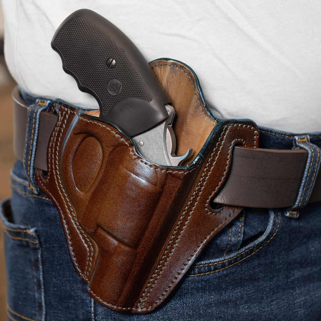 Leather OWB Holster for S&W J Frame, Ruger LCR, SP101, and Other 38 Special Snub Nose Revolvers with 2.25 Barrel