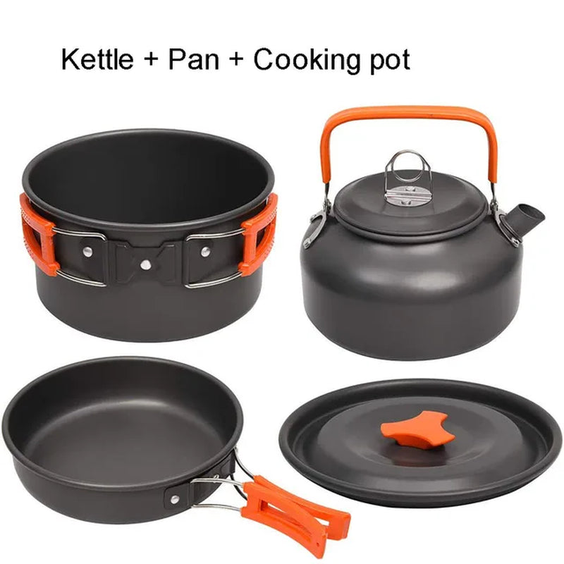 Outdoor Camping Cookware Set with Aluminum Cooking Utensils and Water Kettle - Ideal for Travelling, Hiking, Picnics, BBQs, and Outdoor Dining