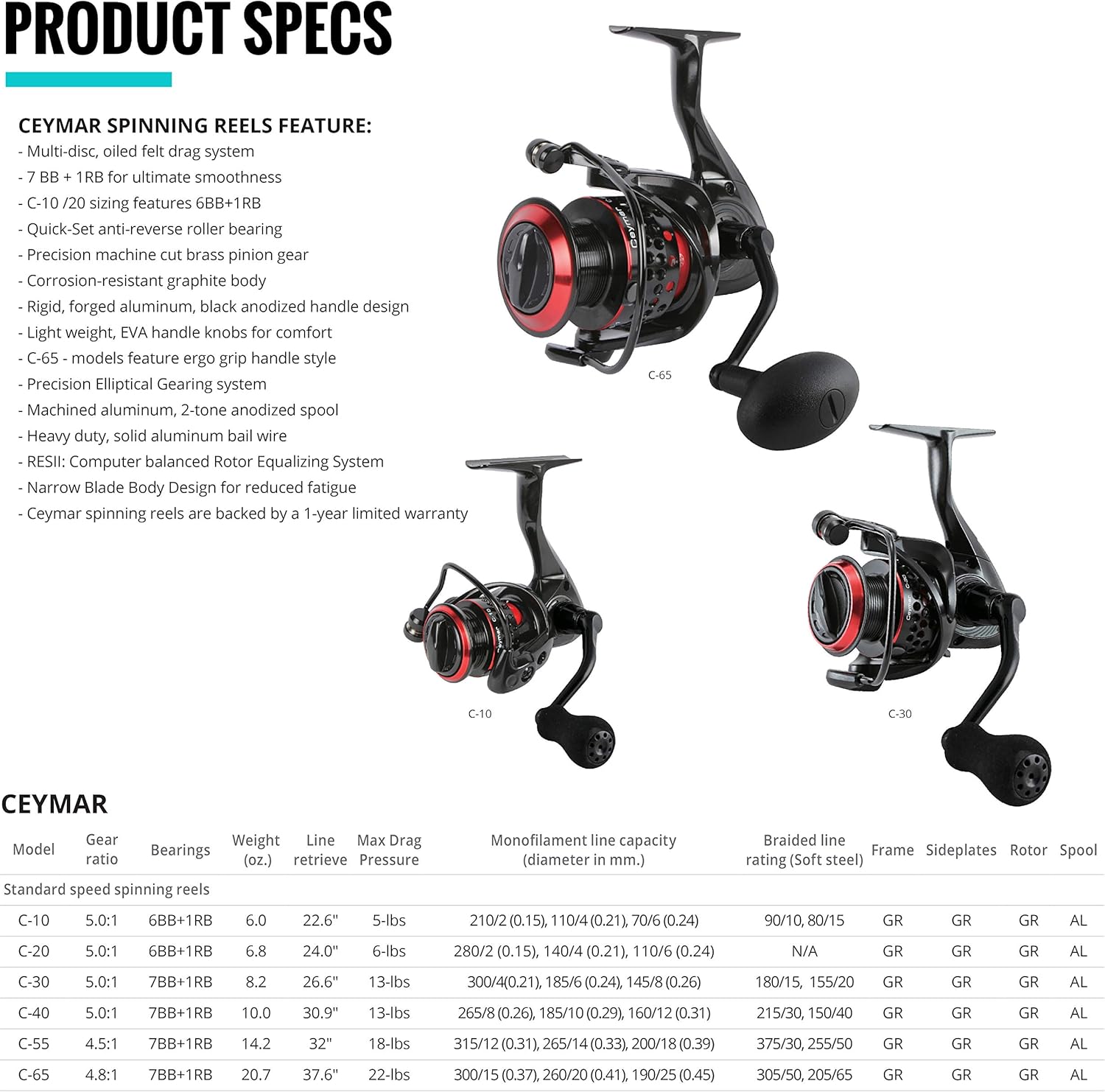 Okuma Ceymar Graphite Lightweight All Purpose 8BB Spinning Reel