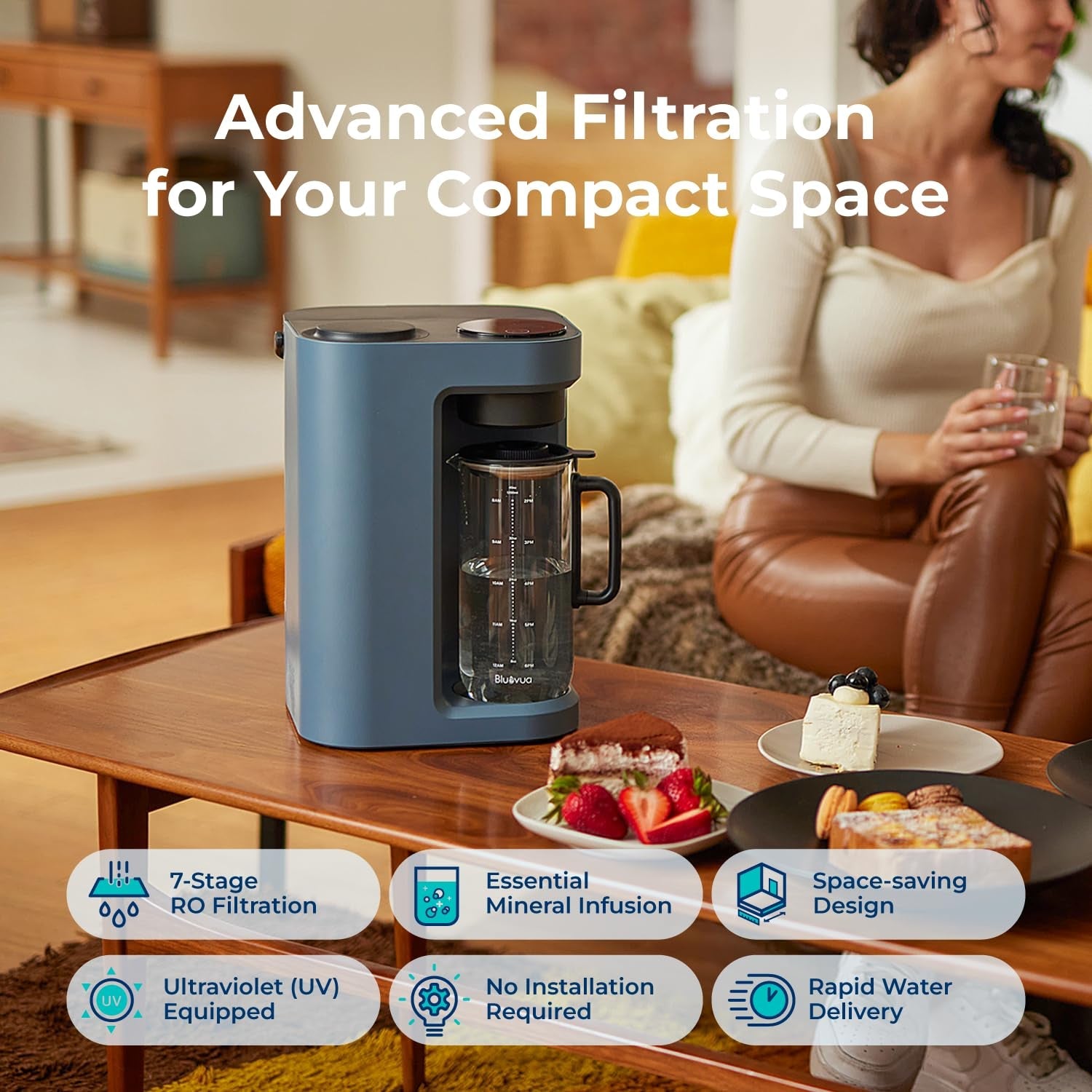 Bluevua Ro100Ropot-Lite Countertop Reverse Osmosis Water Filter System, 3:1 Pure to Drain Ratio, Portable RO Filtration with Remineralization, No Installation, WQA Certified, 7-Stage UV Blue