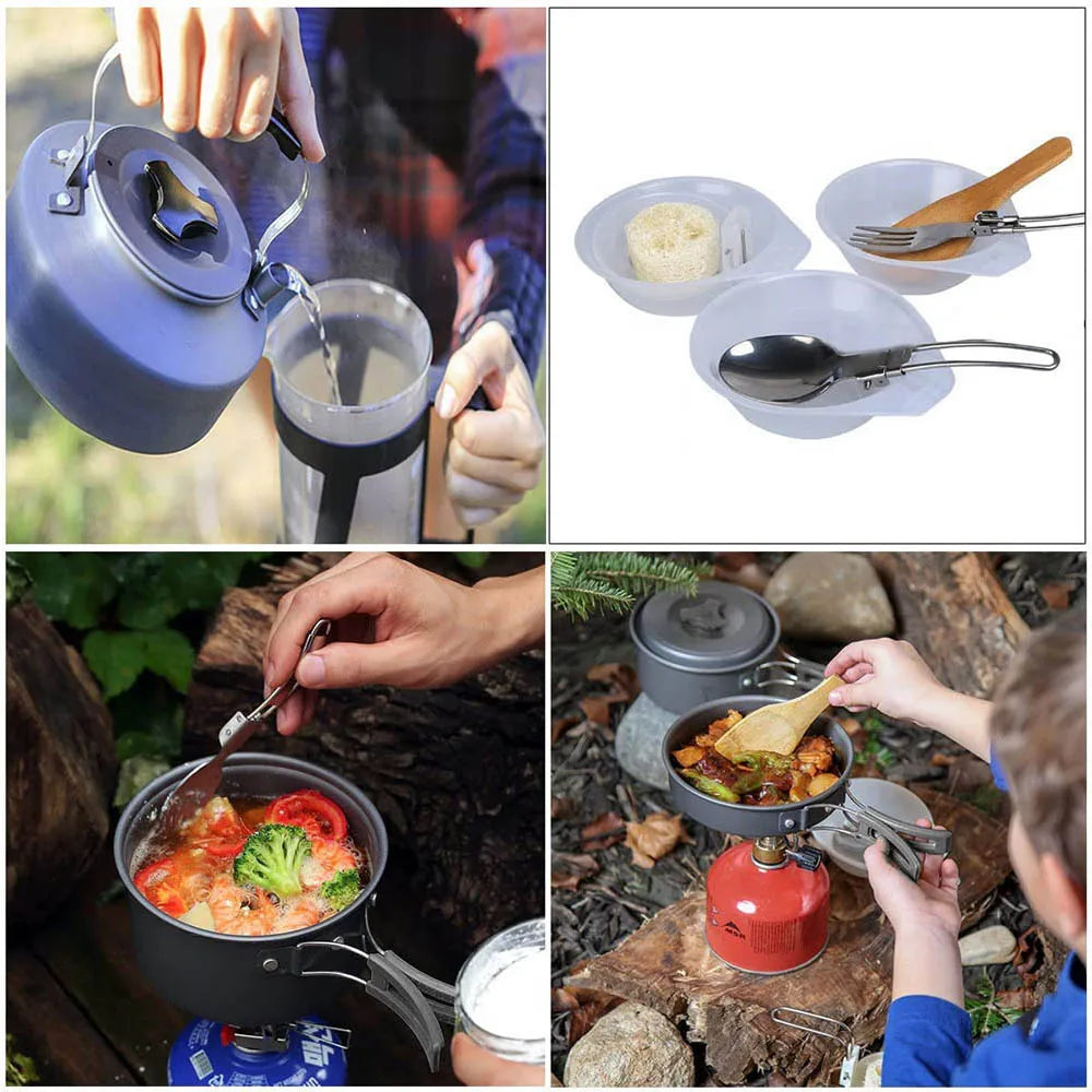 Outdoor Camping Cookware Set with Pot, Cup, Tableware, Water Kettle, Pan, Cutlery Utensils - Ideal for Hiking, Picnics, and Travel