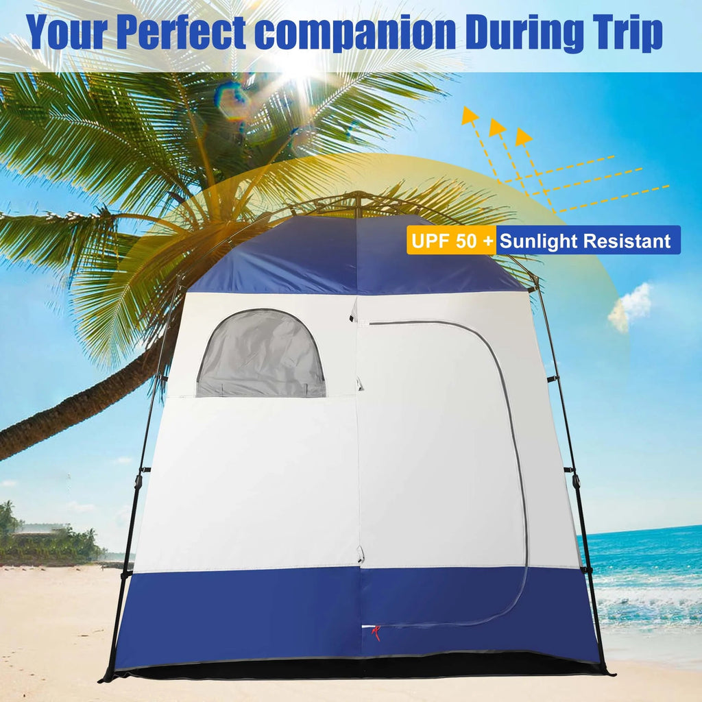 Outdoor Camping Shower Tent with Oversized Space and Privacy, Portable Changing Room with Floor, Easy Setup Privacy Shelter for Camping - 2 Rooms Toilet Tent