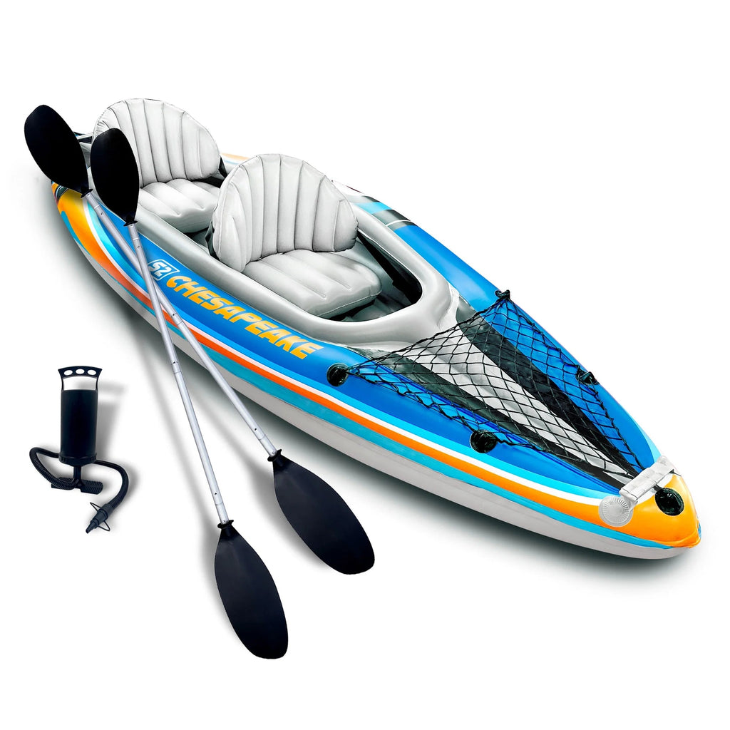 2-Person Inflatable Kayak Bundle with Aluminum Oars, Air Pump, and Bag