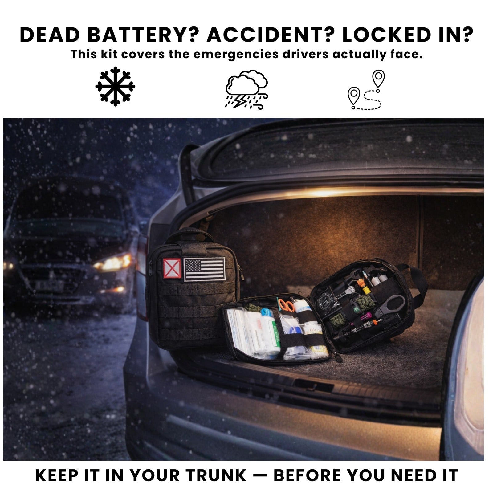 Car Emergency Kit Bundle – 1200A Portable Jump Starter + 256pc IFAK MOLLE First Aid Kit + Window Breaker & Seat Belt Cutter