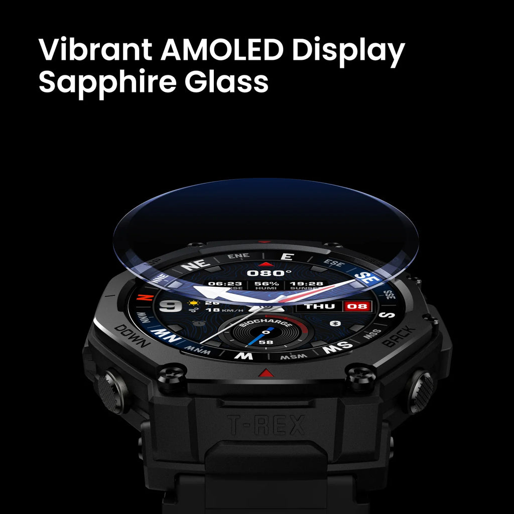 Amazfit T-Rex 3 Pro Outdoor Smart Watch 44Mm Sapphire AMOLED Display with Flashlight, Ti Bezel, Dual Band GPS, Offline Maps, 17 Days Battery, 10 ATM, 180+ Sports Mode for Android & Iphone, Black