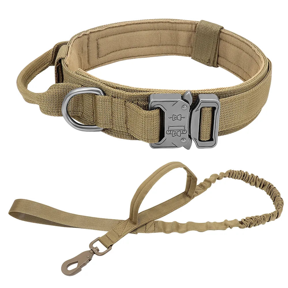 Tactical Dog Collar and Leash Set – Heavy Duty Military Dog Training Collar with Handle & Bungee Leash