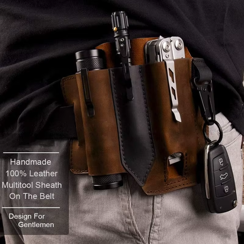 Genuine Leather Multitool Sheath – EDC Belt Pouch Holster for Knife, Flashlight & Tool
