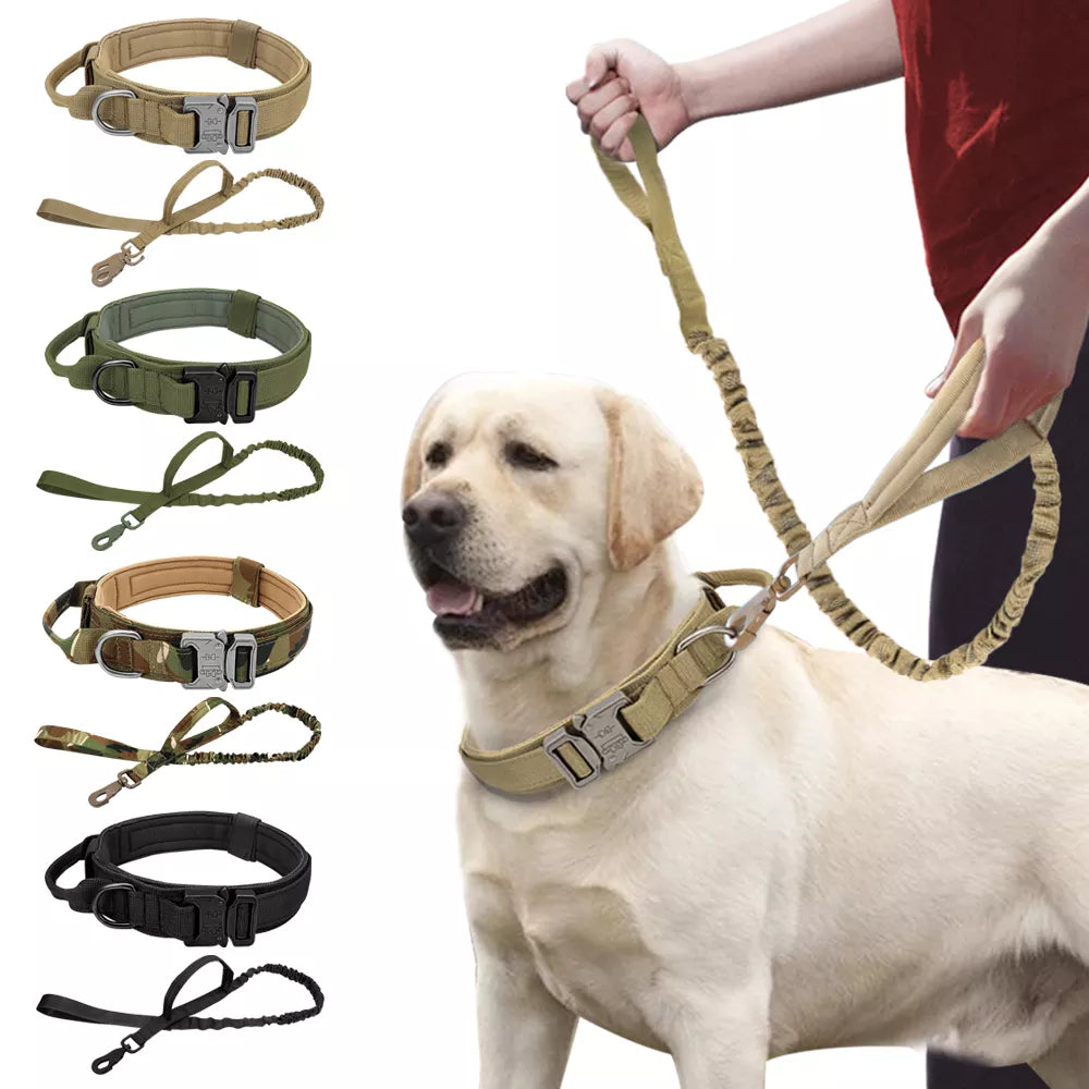 Tactical Dog Collar and Leash Set – Heavy Duty Military Dog Training Collar with Handle & Bungee Leash