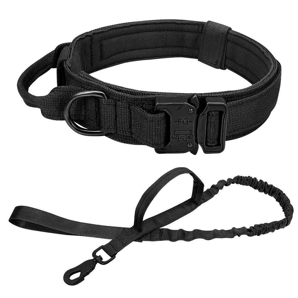 Tactical Dog Collar and Leash Set – Heavy Duty Military Dog Training Collar with Handle & Bungee Leash
