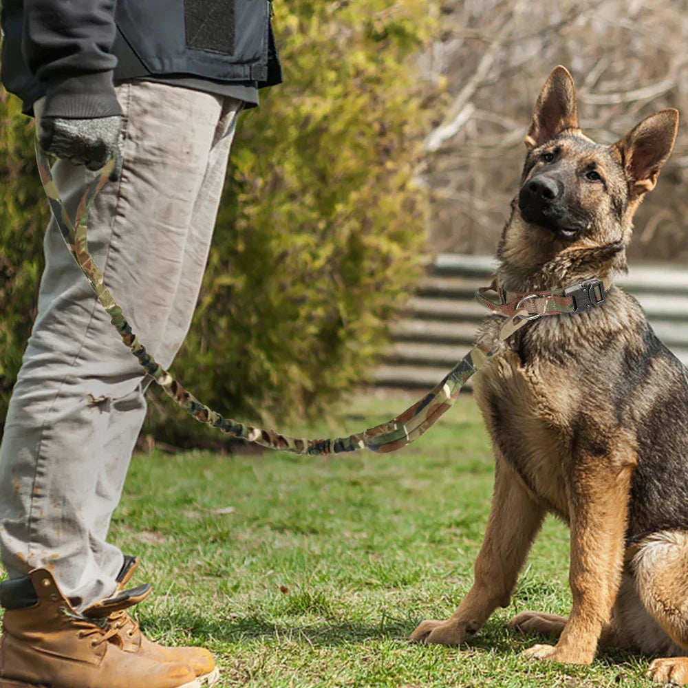Tactical Dog Collar and Leash Set – Heavy Duty Military Dog Training Collar with Handle & Bungee Leash