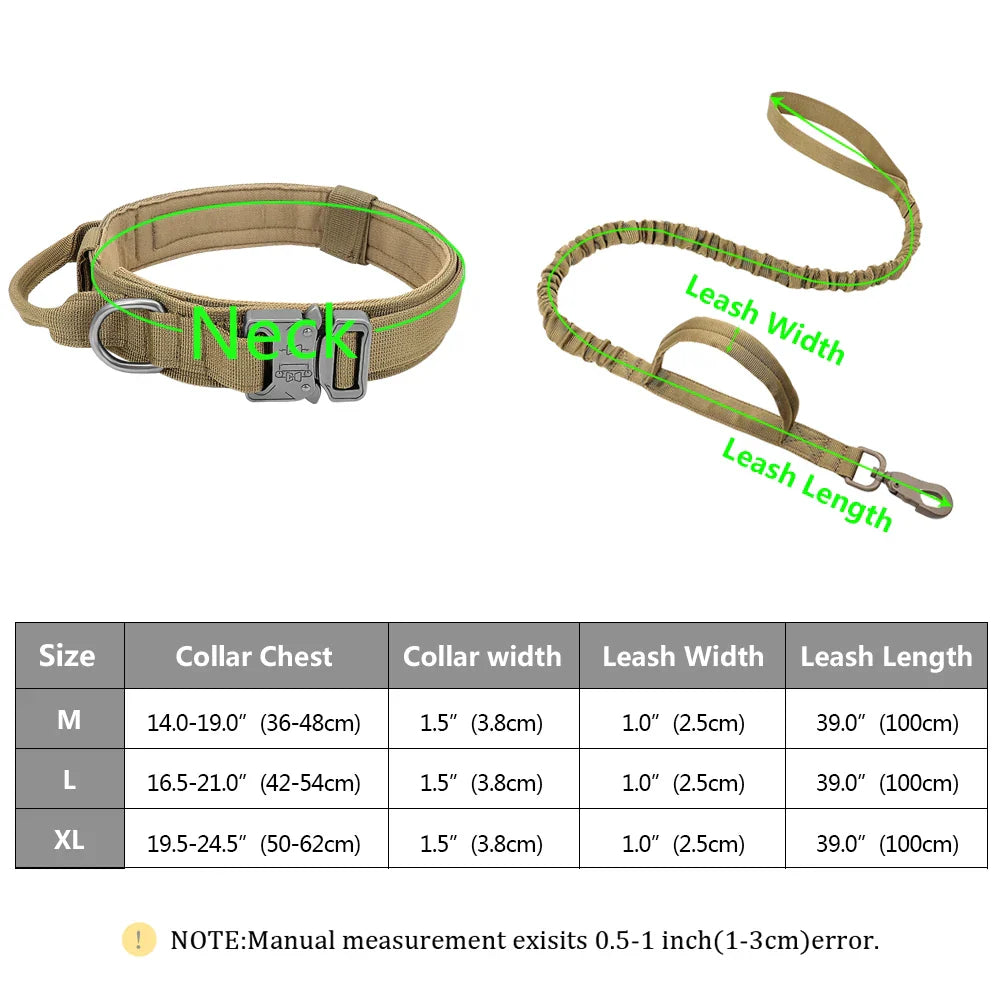Tactical Dog Collar and Leash Set – Heavy Duty Military Dog Training Collar with Handle & Bungee Leash
