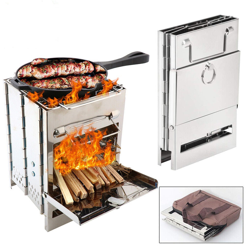 Portable Stainless Steel Wood Burning Camping Stove – Folding Picnic & BBQ Grill (Compact & Lightweight)