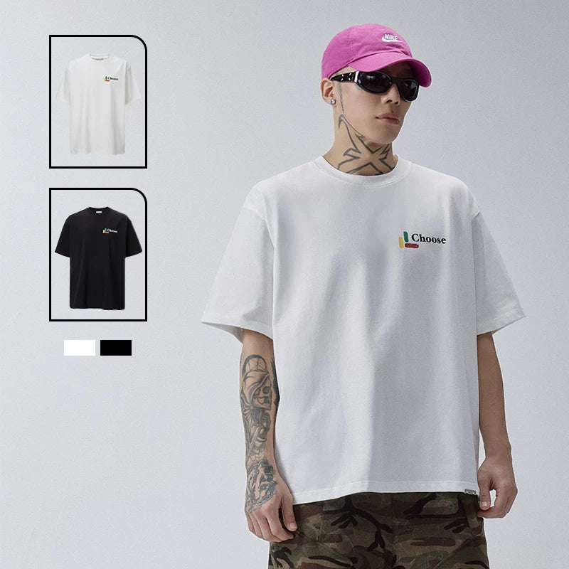 F2CE basic color slogan print couple short sleeved heavy loose cleanfit simple versatile T-shirt for men and women