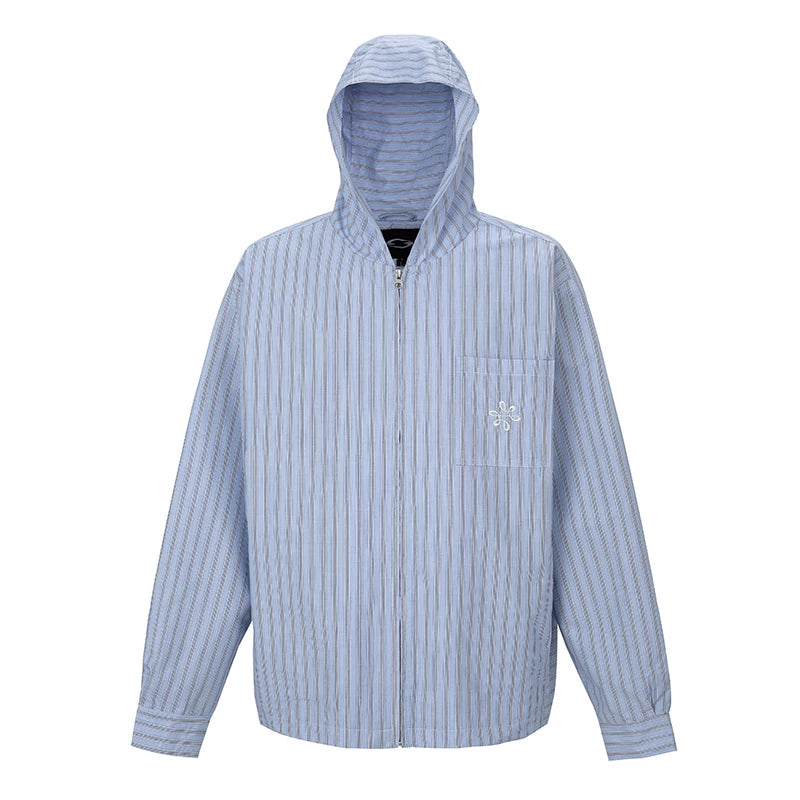 F2CE vertical stripe zipper shirt jacket men's heavyweight embroidered shirt pure cotton trendy loose hooded casual jacket