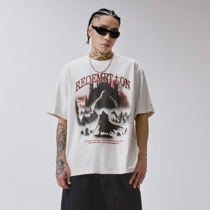 F2CE American Trendy Men's T-shirt Heavy Retro Vintage High Street Printed Couple Summer Loose Casual Short Sleeve