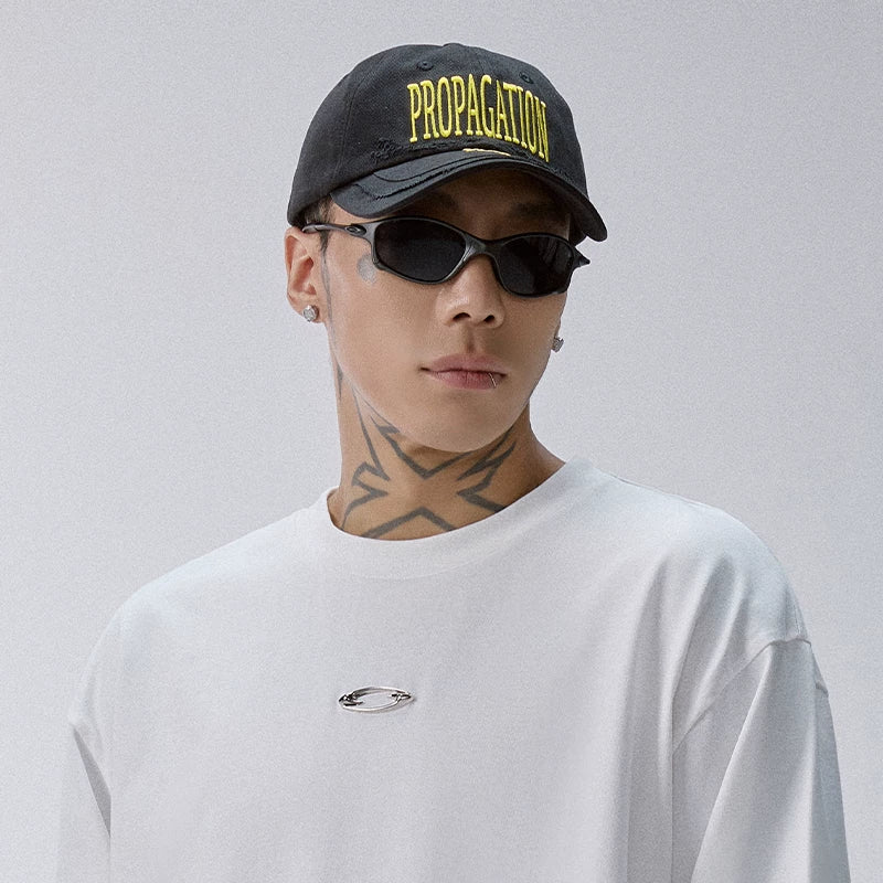 F2CE worn-out embroidered trendy splicing deconstruction baseball cap soft top retro black duckbill hat adjustable for men and women