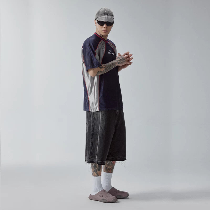 F2CE washed over knee denim shorts with loose silhouette and frayed edges, Vibe casual versatile cropped pants