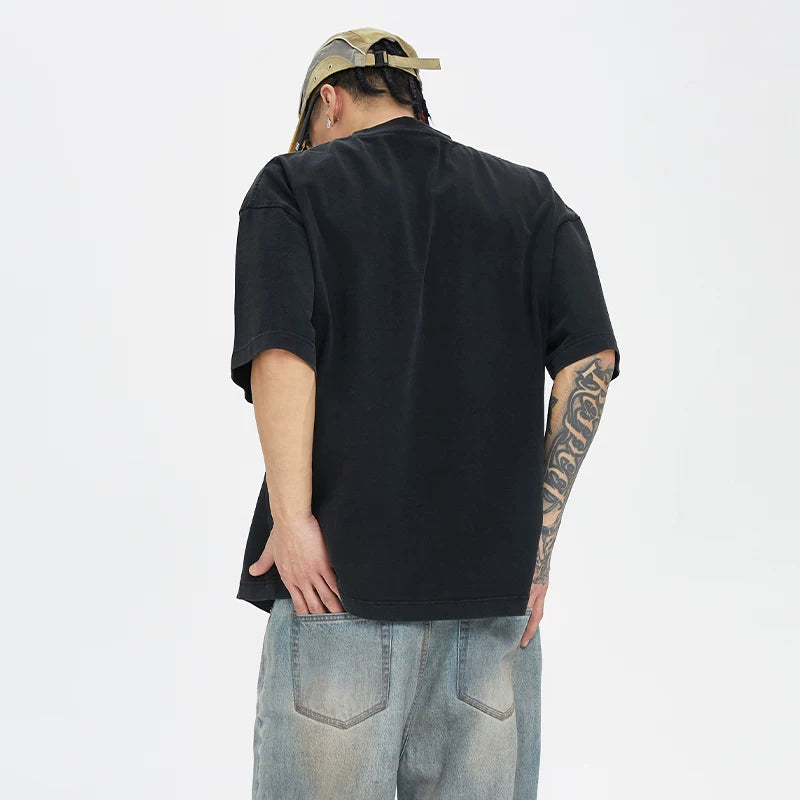 F2CE Heavy duty Washed Old American Retro Vintage High Street Trendy Printed T-shirt Summer Loose Casual Short Sleeve