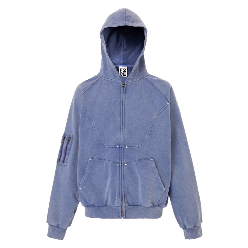 F2CE vintage solid color functional hooded cardigan sweatshirt with worn out studs, loose deconstruction zipper, casual jacket trendy
