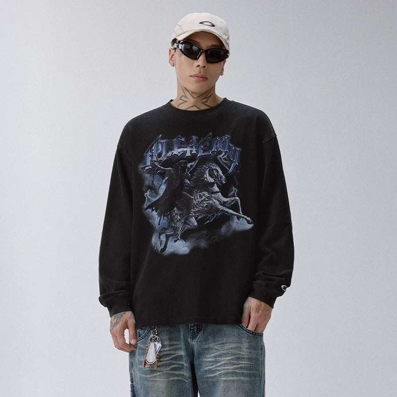F2CE American washed vintage dark print loose heavyweight long sleeved T-shirt trendy men's and women's round neck base shirt