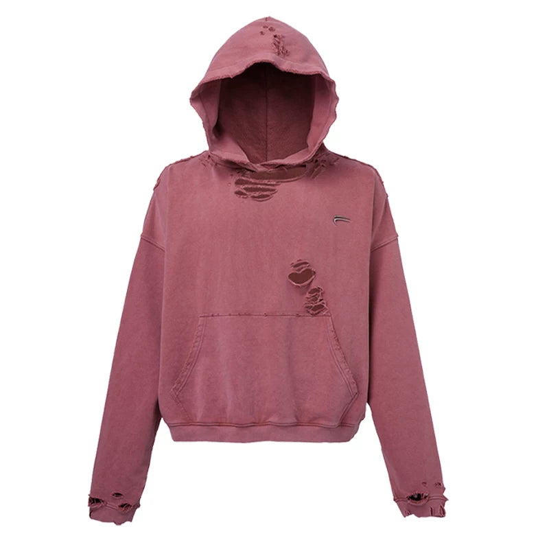 F2CE vintage solid color worn loose wide basic versatile hooded sweatshirt with metal logo collision casual hoodie trend