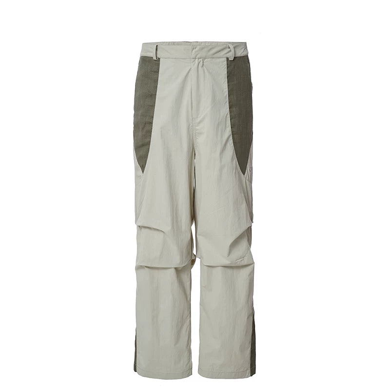 F2CE splicing color blocking functional pleated work pants, loose men's trendy straight leg high street pants, casual pants for spring and summer