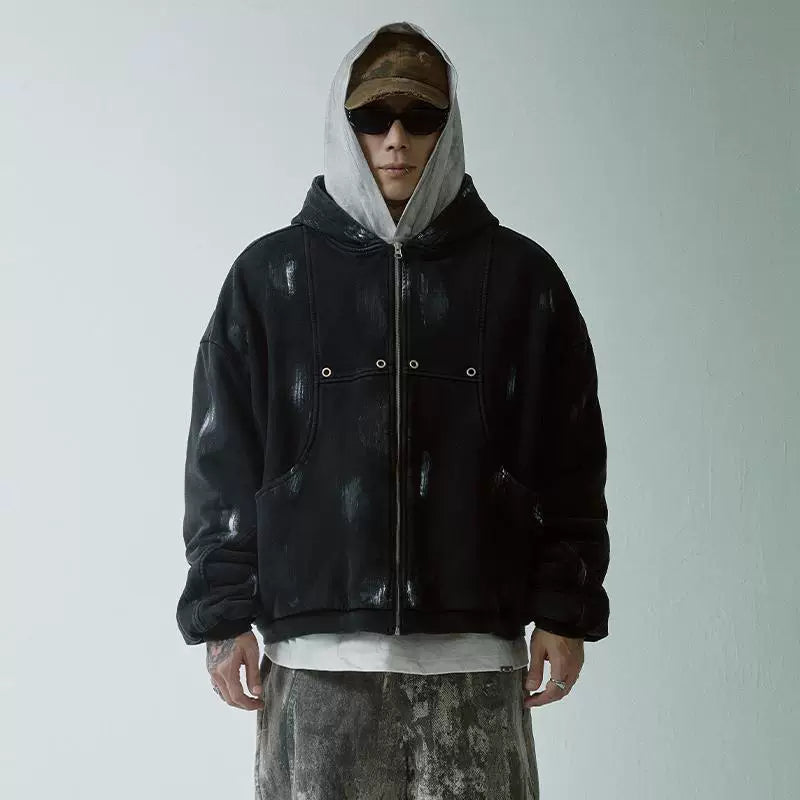 F2CE Trendy Hooded Cardigan Cotton Coat Hand Painted Loose Zipper Casual Warmth with Velvet Vibe Cotton Coat Trendy