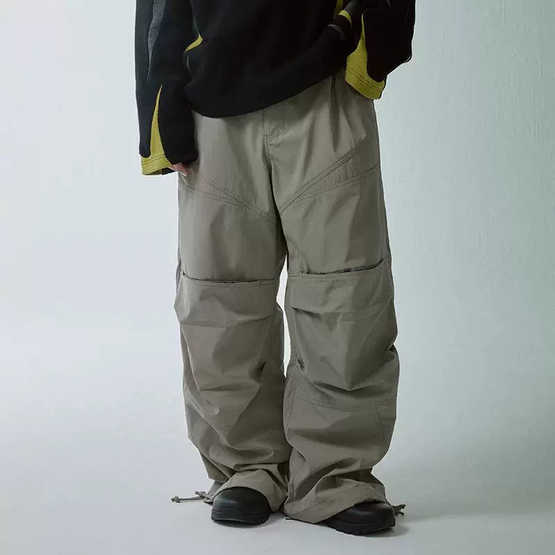 F2CE trendy knee high pocket pleated casual pants, high street Vibe assault pants, loose straight leg workwear pants
