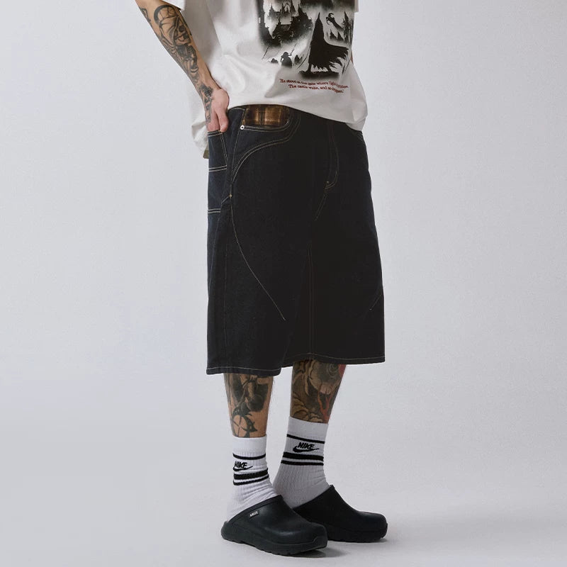 F2CE trendy original color denim shorts with loose silhouette and grid splicing, Vibe casual versatile over the knee cropped pants