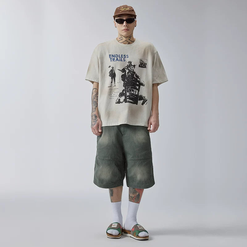 F2CE Trendy Heavy Old Mud Dyeing Printed Short Sleeve Loose Wide Couple Casual Versatile T-shirt Half Sleeve