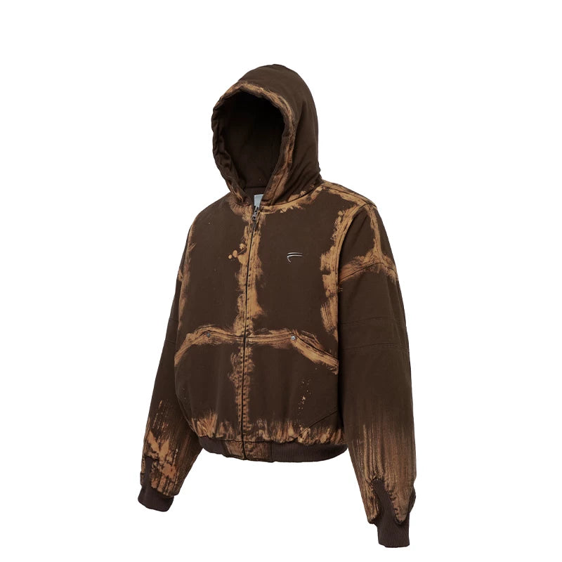 F2CE Trendy Zipper Cotton Jacket Hand Spray Dyed Used Hooded Loose Wide Cotton Coat Thickened Warm Cotton Winter Coat