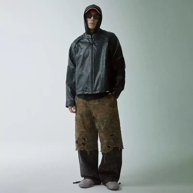 F2CE Trendy Casual Pants Splicing to Make Old Loose Vibe Camo Pants Waste Soil Washed Damaged Double Layer Stacked Pants