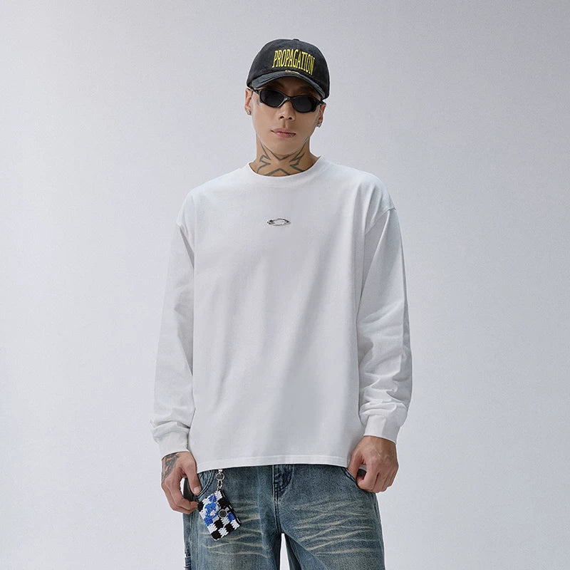 F2CE American style trendy metal logo loose heavyweight long sleeved T-shirt men's and women's round neck versatile top base shirt