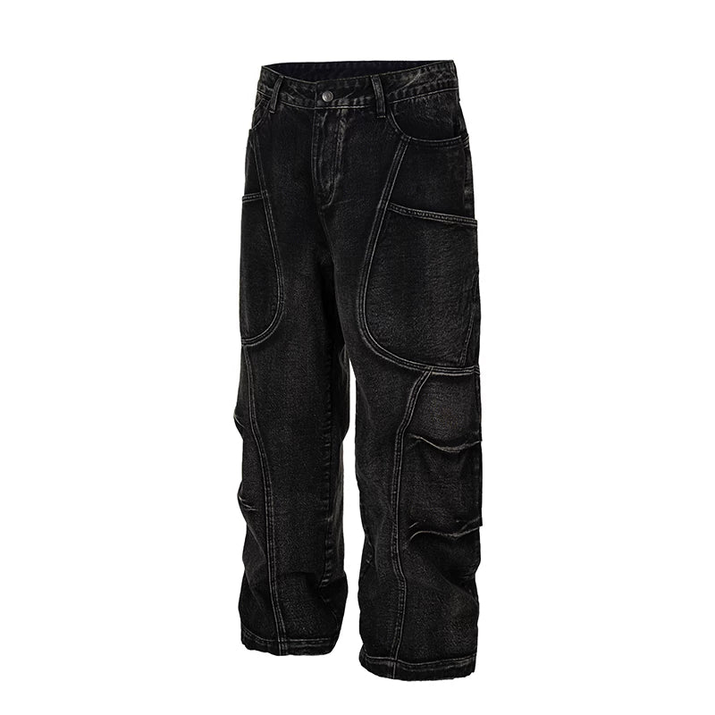 F2CE vintage jeans patchwork deconstruction loose straight leg casual pants trendy high street wide leg pants workwear pants