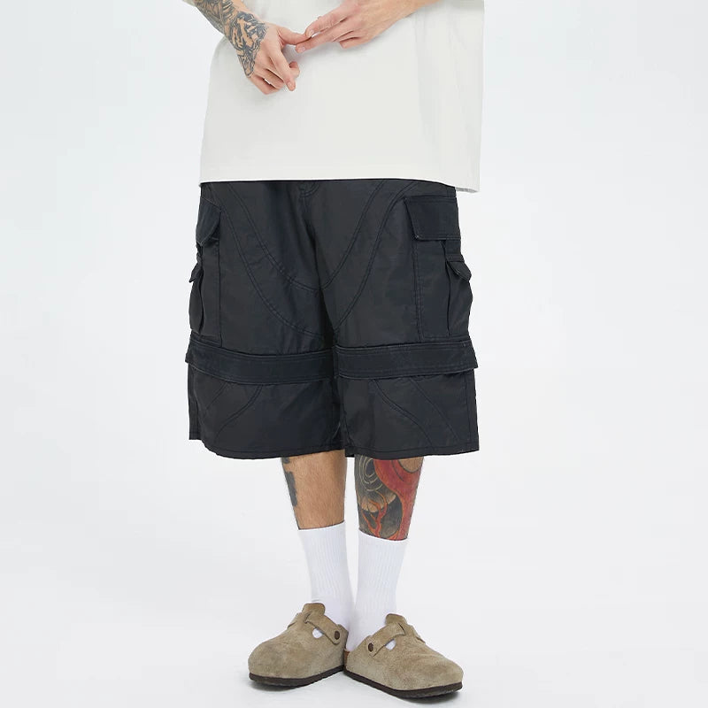 F2CE wax coated workwear knee length shorts, dark and loose silhouette high street Vibe versatile multi pocket cropped pants