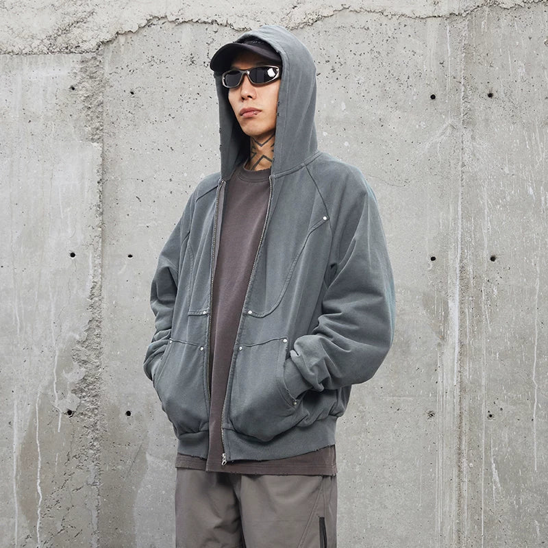 F2CE vintage solid color functional hooded cardigan sweatshirt with worn out studs, loose deconstruction zipper, casual jacket trendy