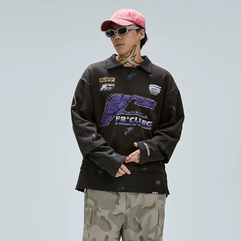 F2CE heavyweight polo shirt, American fake, two pieces worn out, stacked, racing style printed, hand-painted loose casual sweatshirt