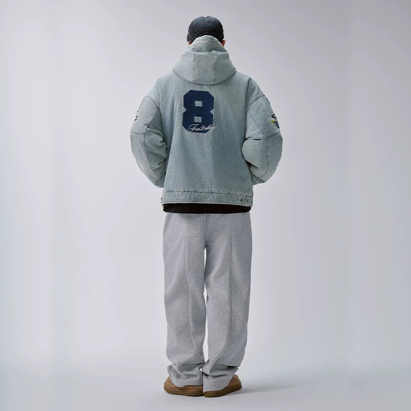 F2CE American retro denim cotton jacket washed and worn loose casual embroidered hooded cardigan jacket trendy cotton jacket