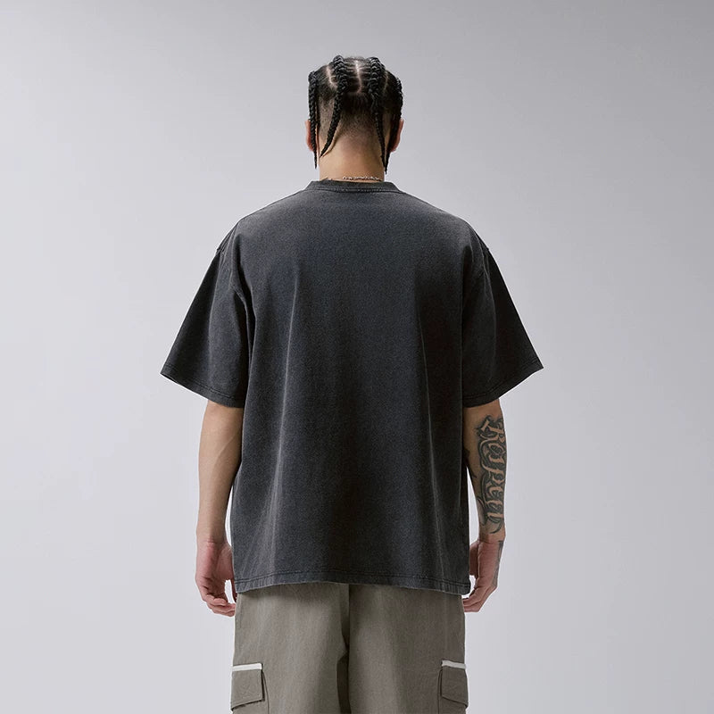 F2CE Heavy duty Washed Used T-shirt American Trendy Retro High Street Printed Couple Summer Loose Casual Short Sleeve