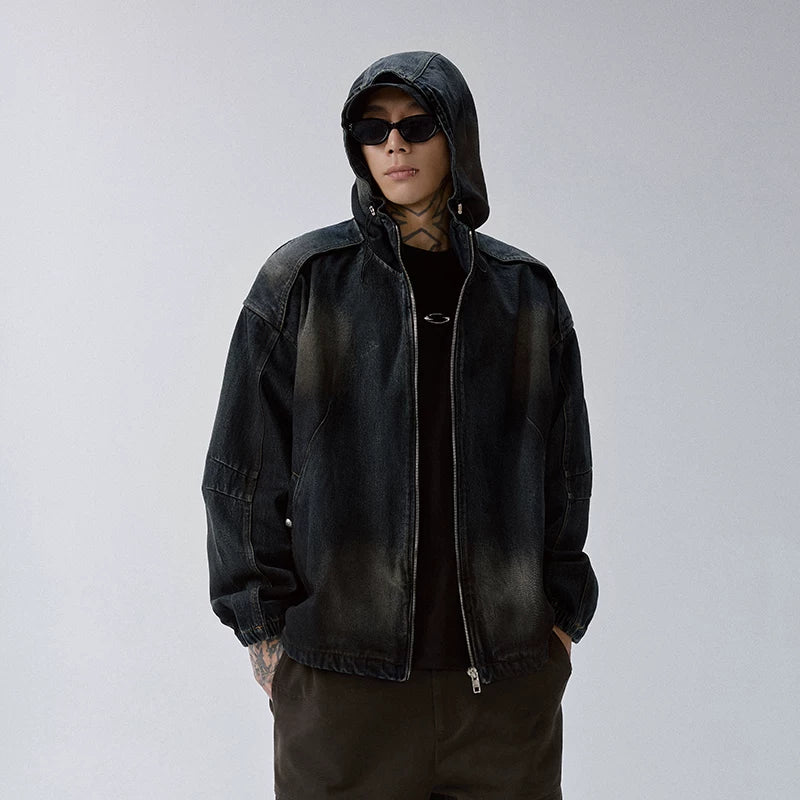 F2CE heavy-duty vintage washed denim jacket deconstruction splicing mud dyed hooded loose casual autumn and winter jacket cardigan