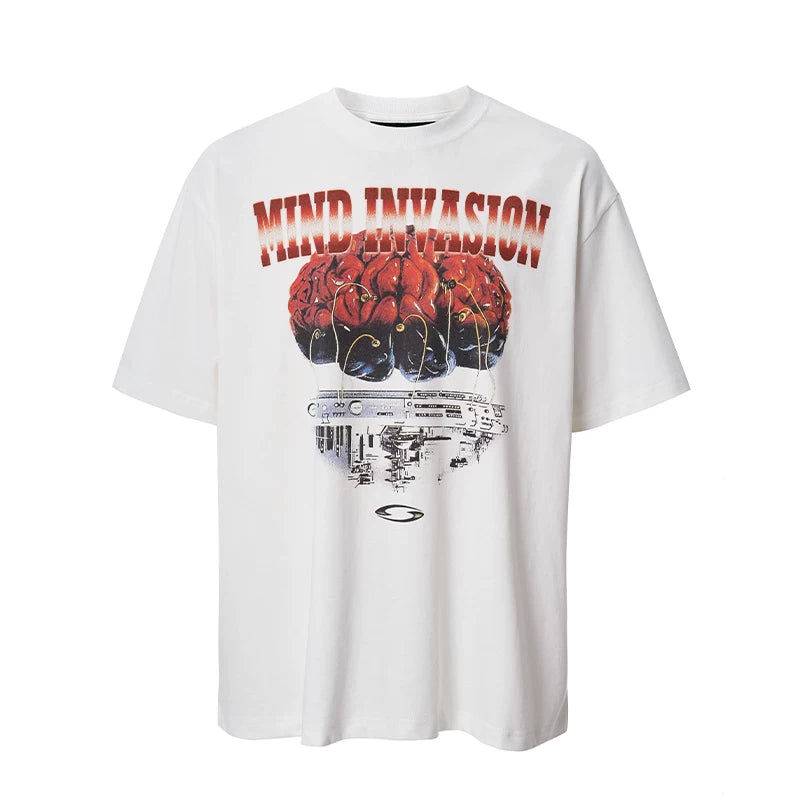 F2CE American high street cyberwind brain print short sleeved loose oversized silhouette couple casual T-shirt trend