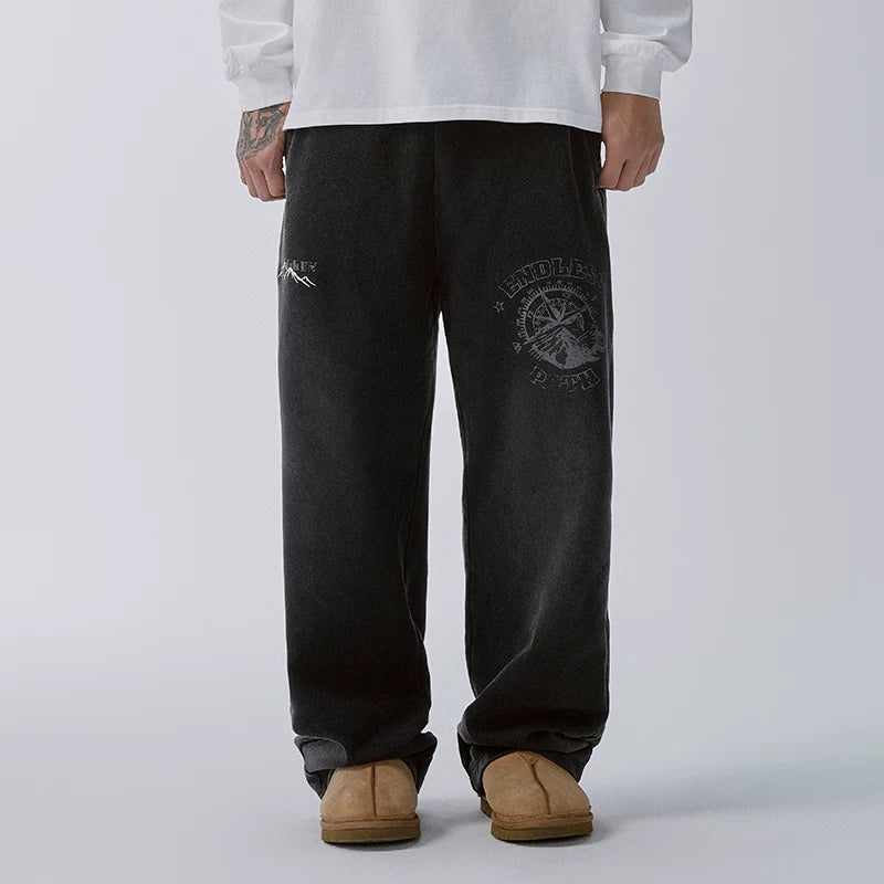 F2CE heavy-duty washed water distressed printed sweatpants for men, loose straight leg wide style trendy casual pants